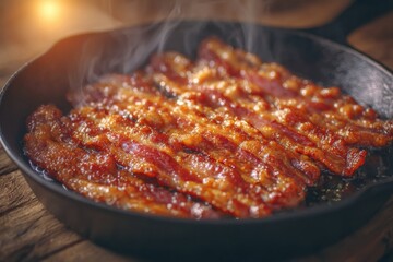 Sizzling bacon strips in a cast iron pan with steamy glare