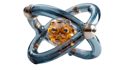 A glowing 3D atom icon with orbiting electrons, representing science and innovation, set against white --ar 16:9 --v 7.0 --s 750