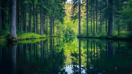 Serene Forest Scene with Tranquil Water Reflection in Nature