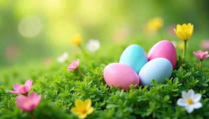 Pastel eggs nestled in spring flowers, vibrant green grass , vibrant, festive, religious