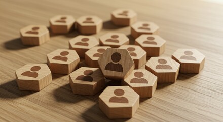 Wooden blocks with person icons arranged on a wooden surface.