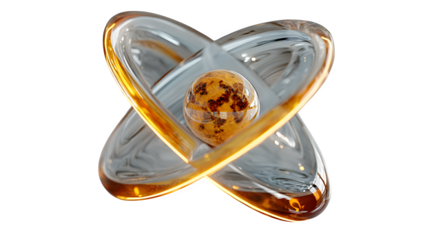 A glowing 3D atom icon with orbiting electrons, representing science and innovation, placed on white --ar 16:9 --v 7.0 --s 750