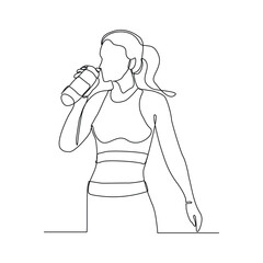 Continuous line drawing of sporty woman drink energy water from bottle. One single sketch art concept of healthy life style. Vector illustration editable stroke