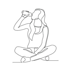 Continuous line drawing of sporty woman drink energy water from bottle. One single sketch art concept of healthy life style. Vector illustration editable stroke