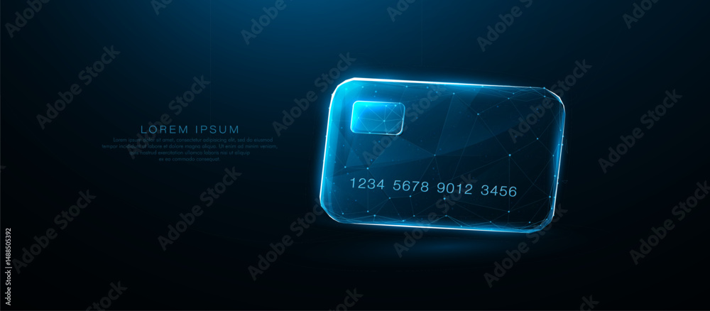 Poster futuristic digital credit card with glowing wireframe design