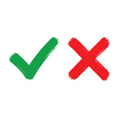 Tick and cross brush signs. Green checkmark OK and red X icons, isolated on white background. Symbols YES and NO button for vote, decision, web. Right and wrong.  © mrvect02