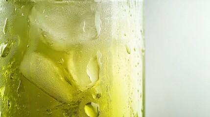 A close-up of a glass of green iced tea with condensation on the outside