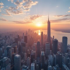 Aerial view of modern city skyline at sunset
