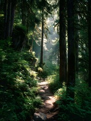 Obraz premium Serene Pathway Through Lush Green Forest in Gentle Sunlight
