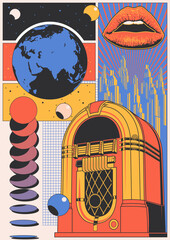 Abstract Poster 1970s - 1980s Style. Retro Jukebox, Lips, Earth, Skyscrapers. Geometric Shapes, Space Background, Vintage Colors 