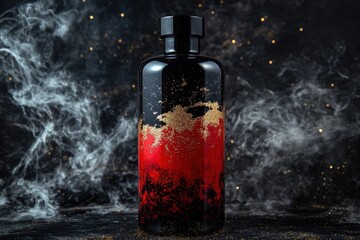 Elegant black and red bottle with gold accents.