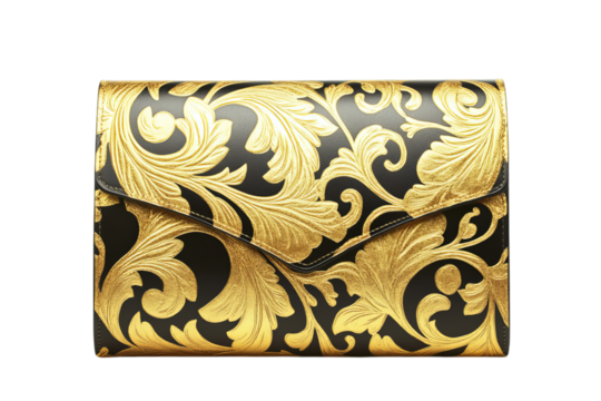 Black clutch bag with ornate gold floral design isolated on a transparent background