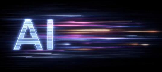 Dynamic ai typography with vibrant light streaks on black canvas