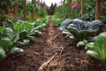 Lush Green Vegetable Garden Rows with Rich Soil and Organic Plants