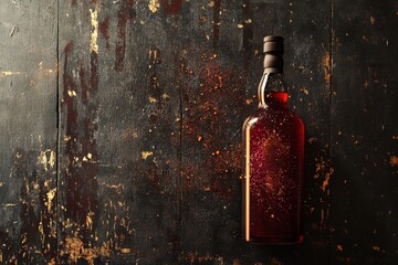 Fototapeta premium Dark wooden table showcasing a vintage bottle of red liquid.