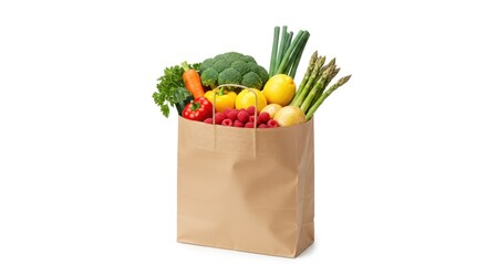 Paper bag filled with colorful fresh vegetables and fruits on white background.