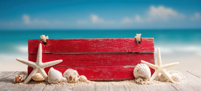 Red Wooden Sign with Seashells and Starfish: A weathered red wooden sign sits on the beach, adorned with seashells and starfish, against a backdrop of blue ocean and white clouds.