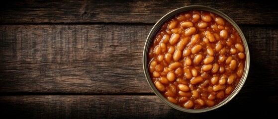 Opened can of baked beans on wooden surface ready for text