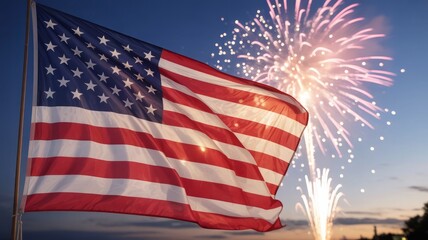 United States close-up flag with fireworks exploding behind it, american flag and fireworks, fourth of july fireworks
