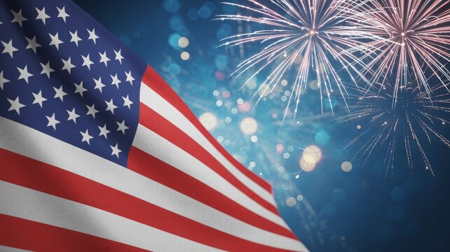 American flag with a dark blue background featuring fireworks and bokeh effects, american flag and fireworks, fourth of july fireworks