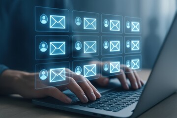 Digital Communication Hub: A close-up shot showcases hands skillfully navigating a laptop, overlayed with a network of glowing email icons, symbolizing a world of online messages and connection.