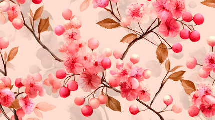 Fototapeta premium Cherry Blossom Symphony: Captivating image of delicate cherry blossoms. Branches and flowers gently adorned. Capturing the elegance of the floral bloom. 