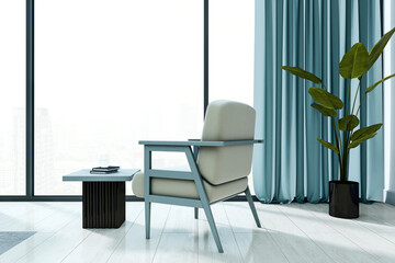Modern minimalist interior with blue armchair, side table, plant, and city view through large window in bright contemporary room. 3D Rendering