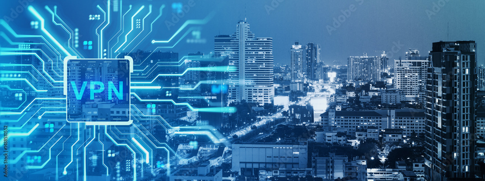 Poster Digital VPN security interface over smart city skyline at night with glowing circuit lines and futuristic technology concept background.