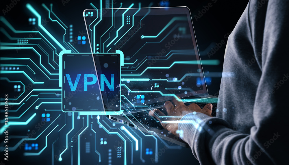 Leinwandbilder Person using laptop with VPN interface and glowing circuit lines on dark abstract background in cybersecurity and internet privacy concept.
