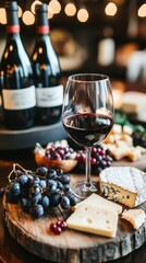 Wine and cheese pairing on a wooden board with grapes in a cozy atmosphere