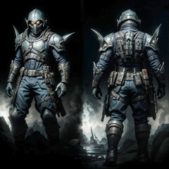 Naklejka premium Futuristic armored soldier in stealth gear, showcasing an impressive design in a dark atmosphere