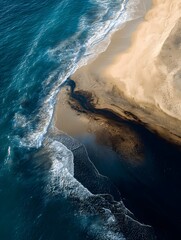 Aerial View of Ocean Waves Meeting Sandy Beach Shoreline