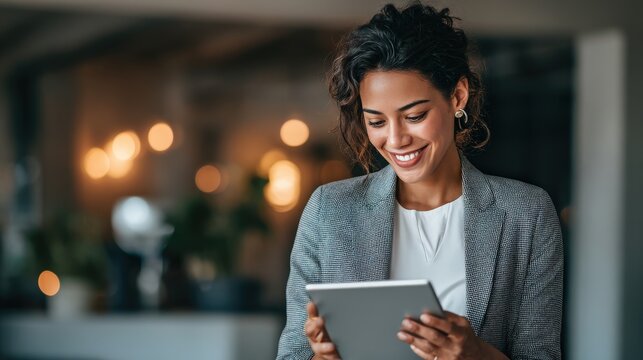 Cheerful businesswoman smiling while engrossed in tablet device during ai recruitment process in modern office