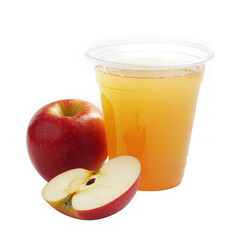 Apple juice in a plastic cup with a whole and sliced apple isolated on a transparent background