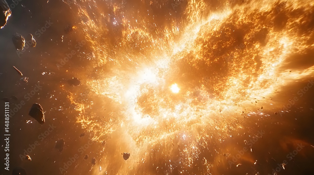 Poster witness the raw power of space in this cosmic explosion! fiery gases and rocky debris collide in a s