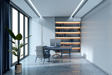 Fototapeta premium Modern executive office with minimalistic furniture, floor-to-ceiling windows, and ambient shelf lighting in a sleek contemporary setting. 3D Rendering