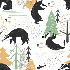 Cute vector pattern of badger in the forest. Seamless vector pattern for children's design