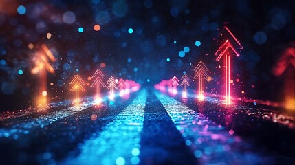 Luminous Arrows Ascending on Road with Neon Lights and Bokeh Sparkles Backdrop