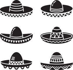 Six Unique Sombrero Designs Black and White Illustrations