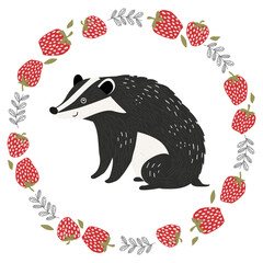 Cute badger sits in a round frame made of strawberries and leaves. Vector illustration, perfect for children's design or spring theme.