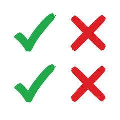 Tick and cross brush signs. Green checkmark OK and red X icons, isolated on white background. Symbols YES and NO button for vote, decision, web. Right and wrong. 