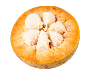 Close up of Santol Fruit Showing Segments and Seeds on Transparent Background
