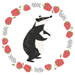 Cute badger sits in a round frame made of strawberries and leaves. Vector illustration, perfect for children's design or spring theme.
