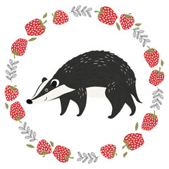 Cute badger sits in a round frame made of strawberries and leaves. Vector illustration, perfect for children's design or spring theme.