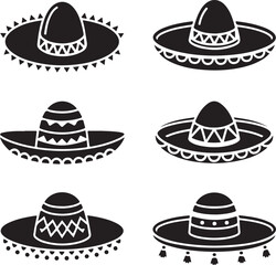 Six Variations of Sombrero Hat Icons in Black