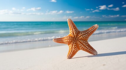 Vibrant Starfish Resting on a White Sandy Beach with Turquoise Water