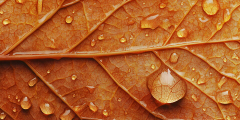 Close-up of Water Droplets on Brown Leaf Surface in Autumn Light