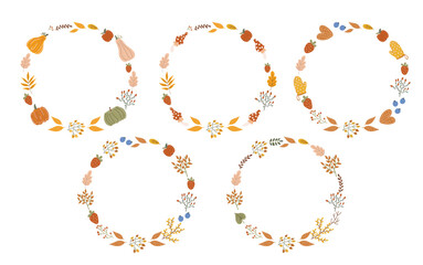 Five autumn round wreath frames vector illustration, decorated with colorful leaves, pumpkin, berries, mushrooms, apples and cookie shapes. Use for seasonal invitation or greeting card.