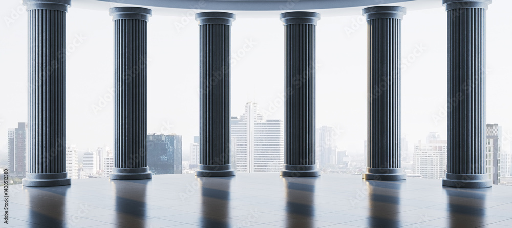 Poster Classical stone columns with city skyline in background in modern architectural setting with soft ambient light and polished floor reflection. 3D Rendering