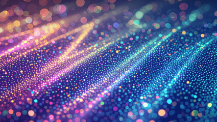 Colorful abstract holographic background with sparkling dots, glowing lines, and vibrant bokeh effect, creating joyful mood